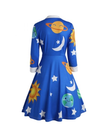 Long Sleeve Sun Moon Star Print A-line Women Dress