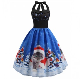 Christmas Hat Cat Print Dress