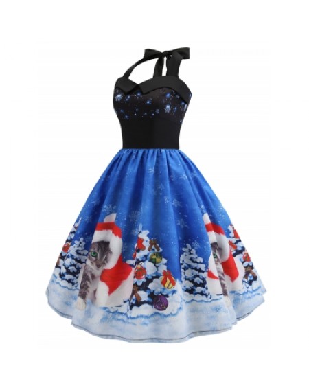 Christmas Hat Cat Print Dress