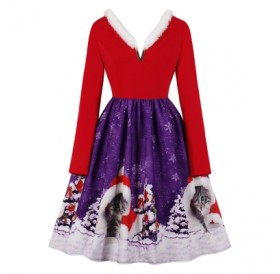 V-neck Christmas Print Vintage Dress for Women