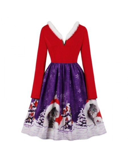 V-neck Christmas Print Vintage Dress for Women