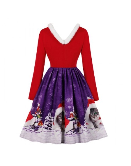 V-neck Christmas Print Vintage Dress for Women