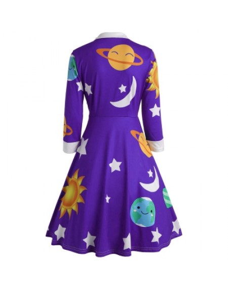 Long Sleeve Sun Moon Star Print A-line Women Dress