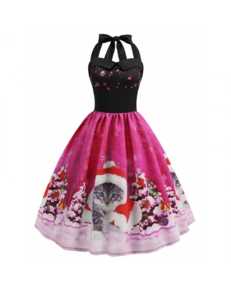 Christmas Hat Cat Print Dress