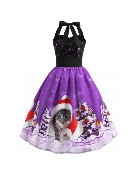 Christmas Hat Cat Print Dress