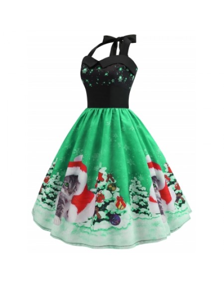 Christmas Hat Cat Print Dress