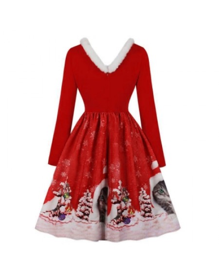 V-neck Christmas Print Vintage Dress for Women