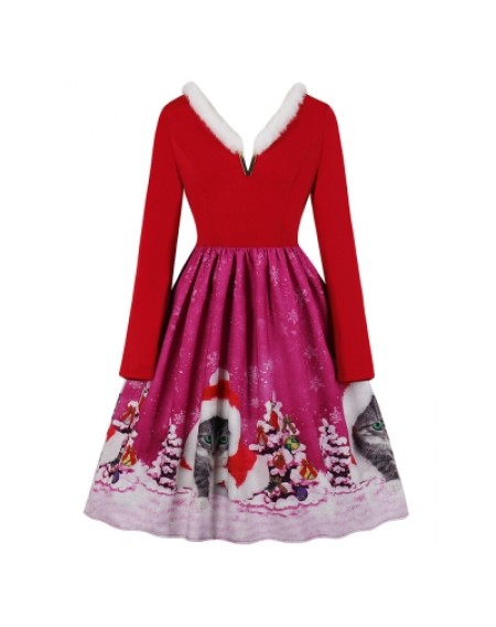 V-neck Christmas Print Vintage Dress for Women