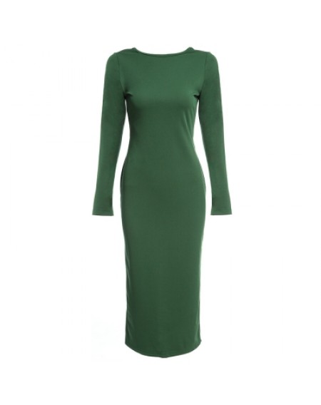 Round Collar Long SLeeve Zipper Design Skinny Women Midi Dress