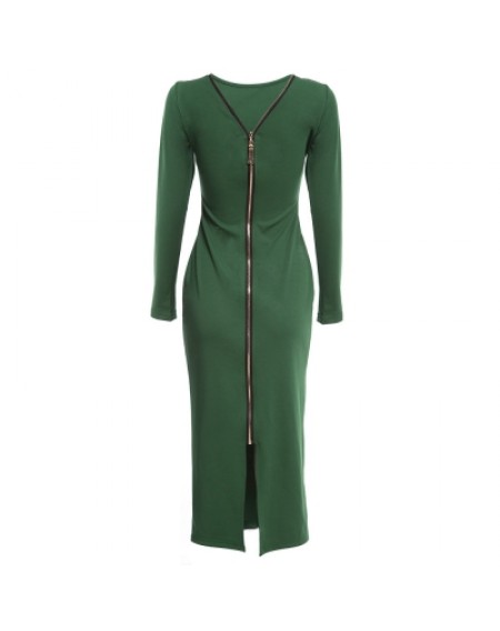 Round Collar Long SLeeve Zipper Design Skinny Women Midi Dress