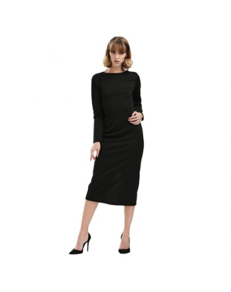 Round Collar Long SLeeve Zipper Design Skinny Women Midi Dress