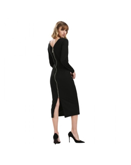 Round Collar Long SLeeve Zipper Design Skinny Women Midi Dress