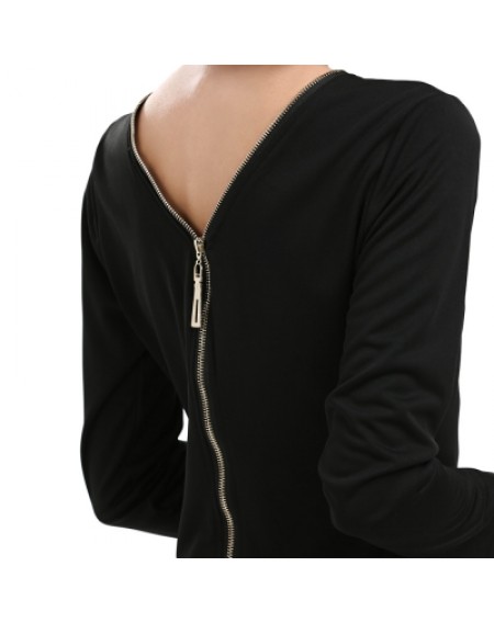 Round Collar Long SLeeve Zipper Design Skinny Women Midi Dress