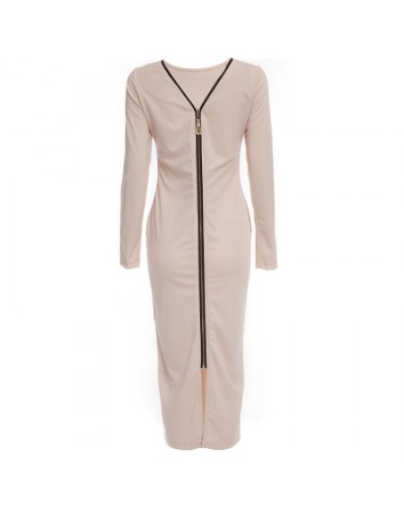 Round Collar Long SLeeve Zipper Design Skinny Women Midi Dress