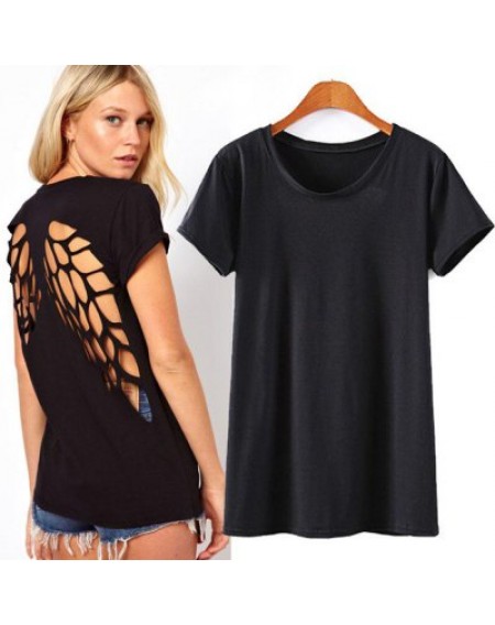 Solid Color Scoop Neck Cut Out Short Sleeve T-Shirt