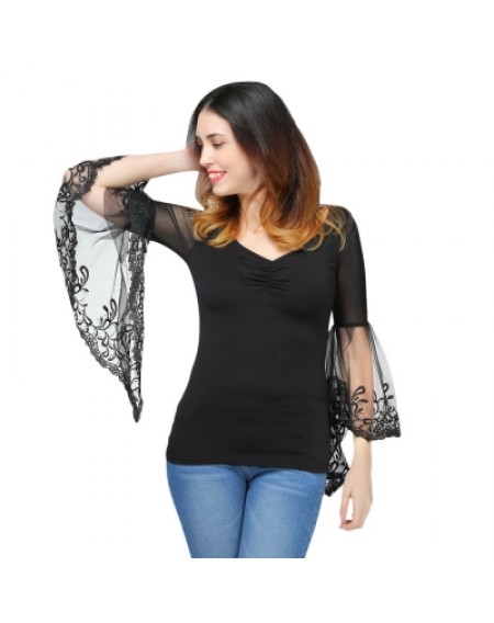 Bell Sleeve Sheer Lace Panel T-Shirt