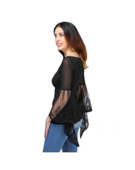 Bell Sleeve Sheer Lace Panel T-Shirt