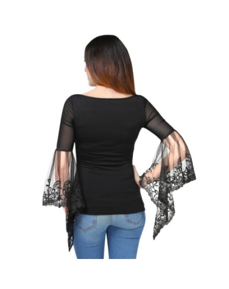 Bell Sleeve Sheer Lace Panel T-Shirt