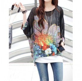 Scoop Neck Batwing Sleeve Printed Chiffon Black Blouse For Women