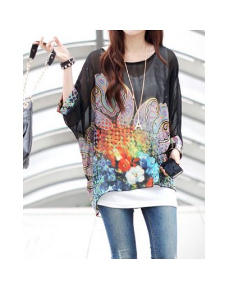 Scoop Neck Batwing Sleeve Printed Chiffon Black Blouse For Women