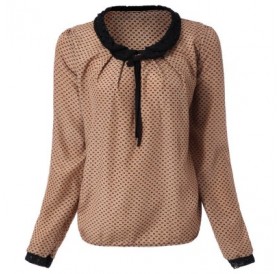 Double Lace With Belt Collar Polka Dot Deisgn Long Sleeves Blended Blouse