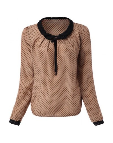 Double Lace With Belt Collar Polka Dot Deisgn Long Sleeves Blended Blouse