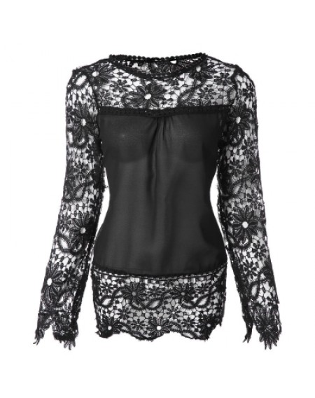 Round Neck Long Sleeve Spliced Hollow Out Blouse