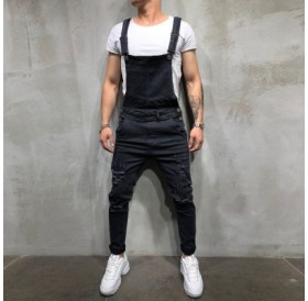 Men Distressed Denim Carpenter Overalls Bib Rompers Moto Biker Jean Jumpsuits Pants