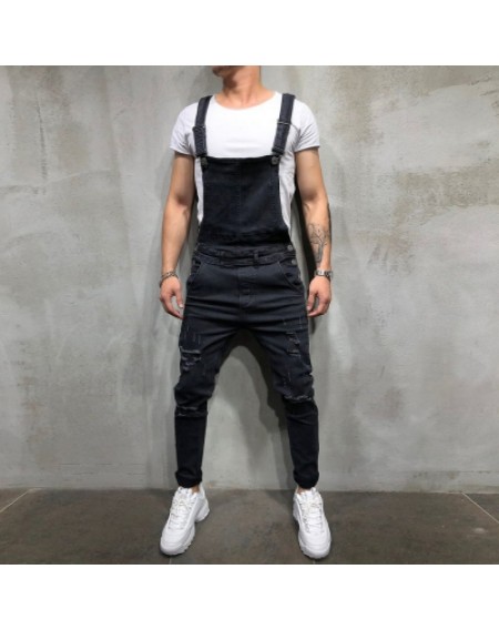 Men Distressed Denim Carpenter Overalls Bib Rompers Moto Biker Jean Jumpsuits Pants