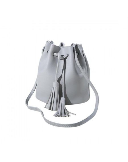 Vintage Women Small Crossbody Bags PU Leather Tassel Drawstring Bucket Bag