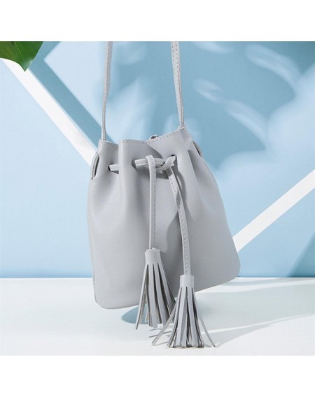 Vintage Women Small Crossbody Bags PU Leather Tassel Drawstring Bucket Bag