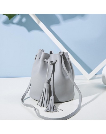 Vintage Women Small Crossbody Bags PU Leather Tassel Drawstring Bucket Bag