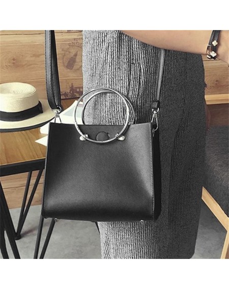 Fashion Composite Bag Iron Ring Handle Handbag Messenger Bag PU Leather Bag