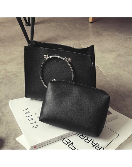 Fashion Composite Bag Iron Ring Handle Handbag Messenger Bag PU Leather Bag