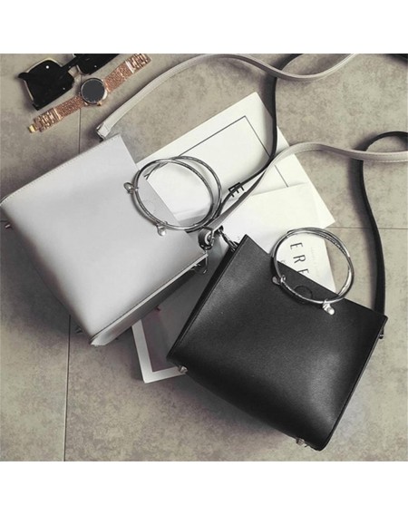 Fashion Composite Bag Iron Ring Handle Handbag Messenger Bag PU Leather Bag