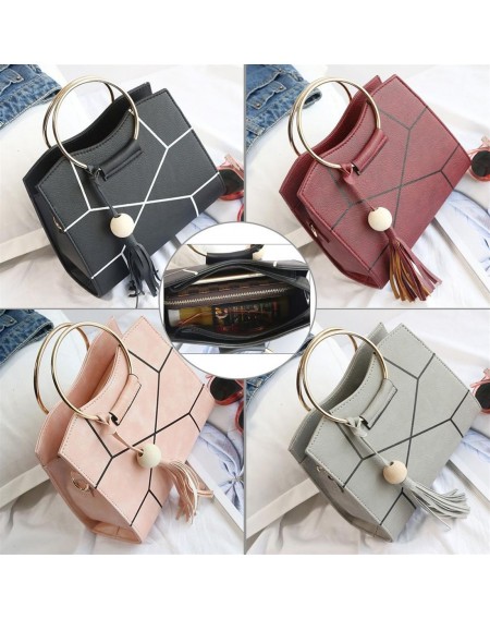 Charming Women PU Leather Wooden Bead Tassels Big Ring Handle Crossbody Bag