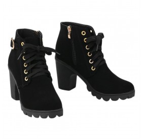 Fashion Women High Heel Lace Up Side Zipper Buckle Ankle Boots Suede Shoes