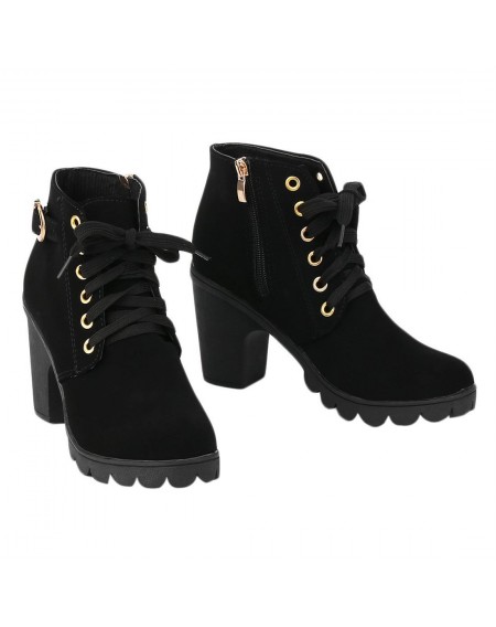 Fashion Women High Heel Lace Up Side Zipper Buckle Ankle Boots Suede Shoes