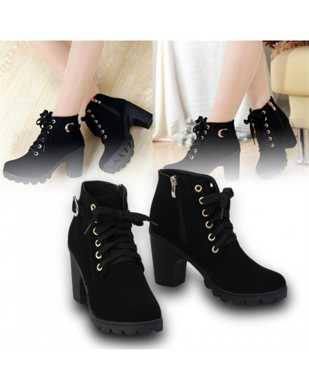 Fashion Women High Heel Lace Up Side Zipper Buckle Ankle Boots Suede Shoes