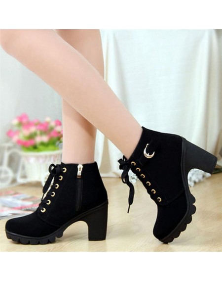 Fashion Women High Heel Lace Up Side Zipper Buckle Ankle Boots Suede Shoes