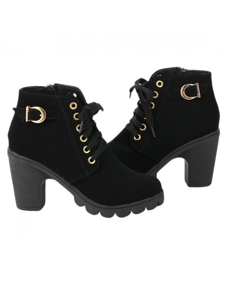 Fashion Women High Heel Lace Up Side Zipper Buckle Ankle Boots Suede Shoes