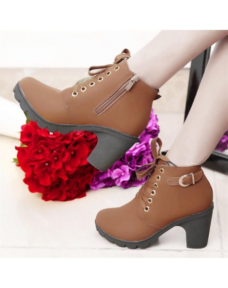 Fashion Women High Heel Lace Up Side Zipper Buckle Ankle Boots Suede Shoes