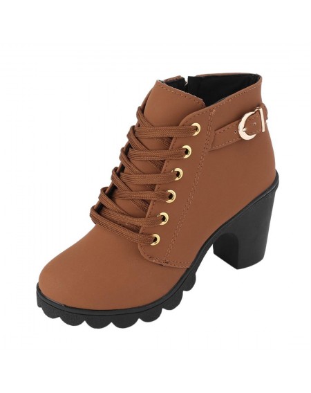 Fashion Women High Heel Lace Up Side Zipper Buckle Ankle Boots Suede Shoes