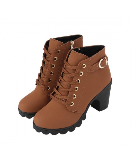 Fashion Women High Heel Lace Up Side Zipper Buckle Ankle Boots Suede Shoes