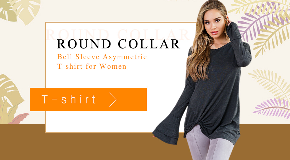 Round Collar Long Bell Sleeve Solid Color Asymmetric Loose Women T-shirt